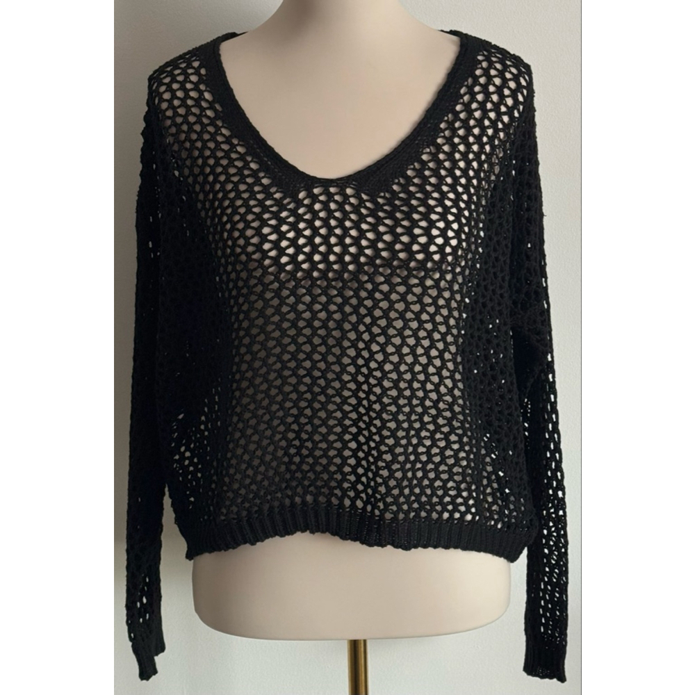 Women's AIMAGE Black Mesh Knit V-Neck Sweater L